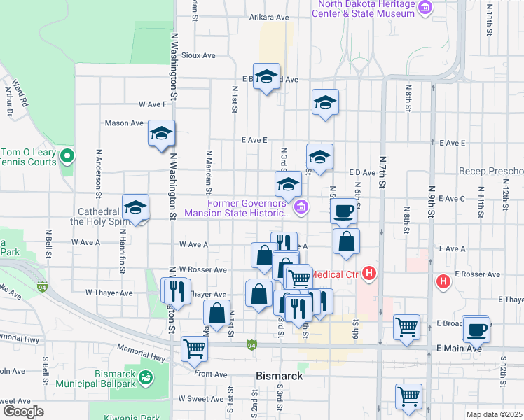 map of restaurants, bars, coffee shops, grocery stores, and more near 522 North 2nd Street in Bismarck