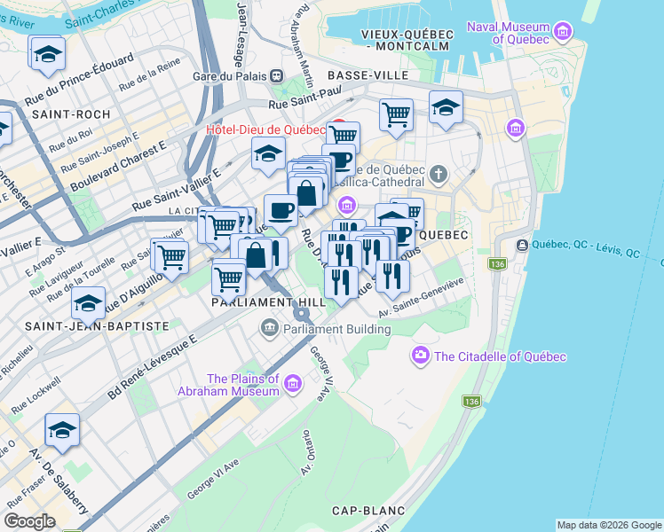 map of restaurants, bars, coffee shops, grocery stores, and more near 55 Rue D'Auteuil in Québec