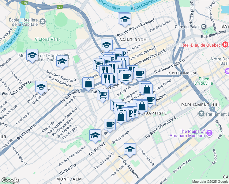 map of restaurants, bars, coffee shops, grocery stores, and more near in Quebec City