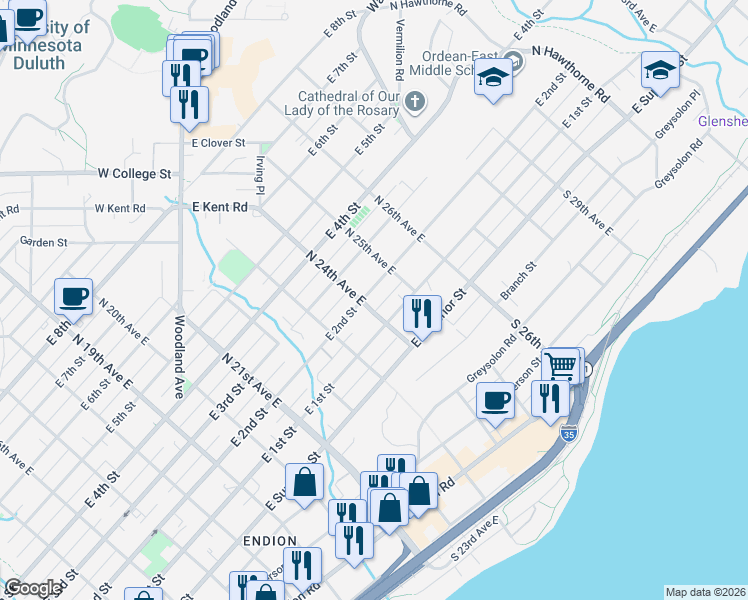 map of restaurants, bars, coffee shops, grocery stores, and more near 2327 East 1st Street in Duluth