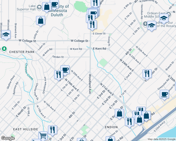 map of restaurants, bars, coffee shops, grocery stores, and more near 2016 East 6th Street in Duluth