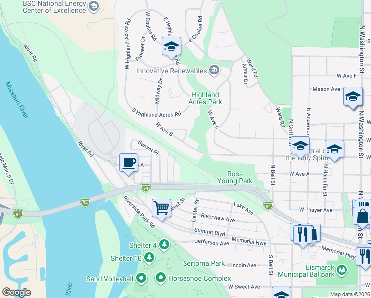 map of restaurants, bars, coffee shops, grocery stores, and more near 1101 West Avenue B in Bismarck