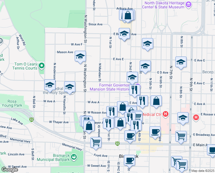map of restaurants, bars, coffee shops, grocery stores, and more near 612 North 1st Street in Bismarck