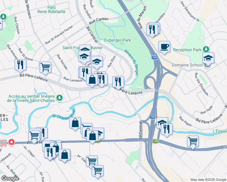 map of restaurants, bars, coffee shops, grocery stores, and more near 2463 Rue de la Rivière-du-Berger in Québec