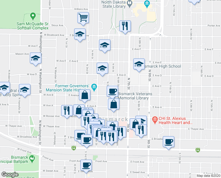 map of restaurants, bars, coffee shops, grocery stores, and more near 706 North 6th Street in Bismarck