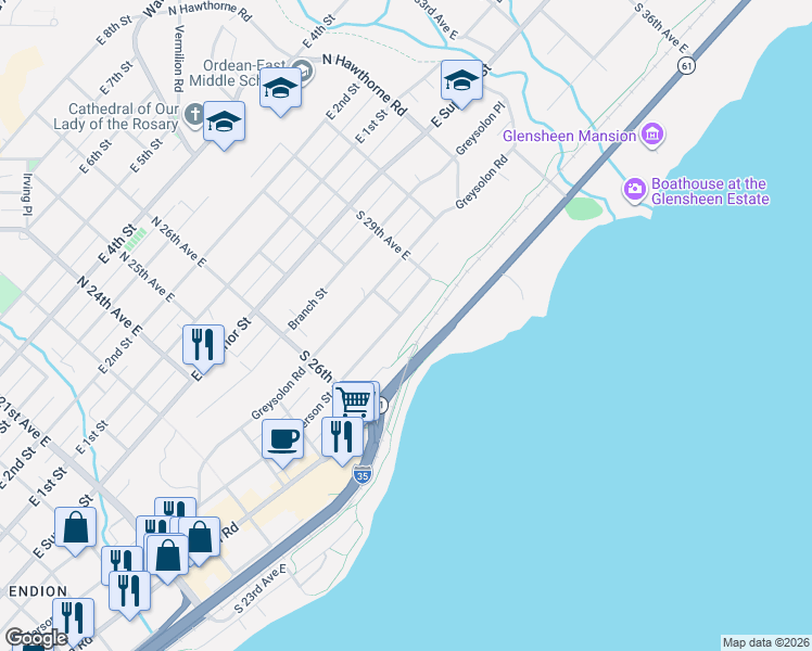 map of restaurants, bars, coffee shops, grocery stores, and more near 2812 Jefferson Street in Duluth