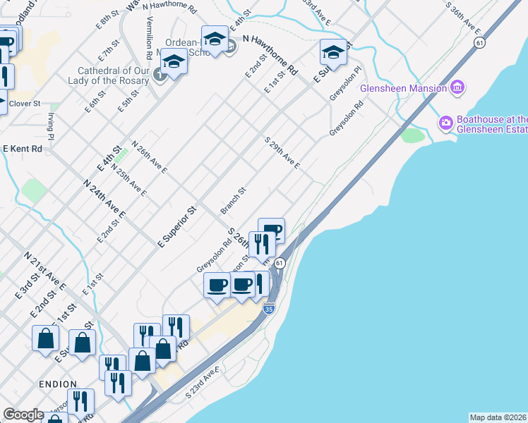 map of restaurants, bars, coffee shops, grocery stores, and more near 2712 Branch Street in Duluth