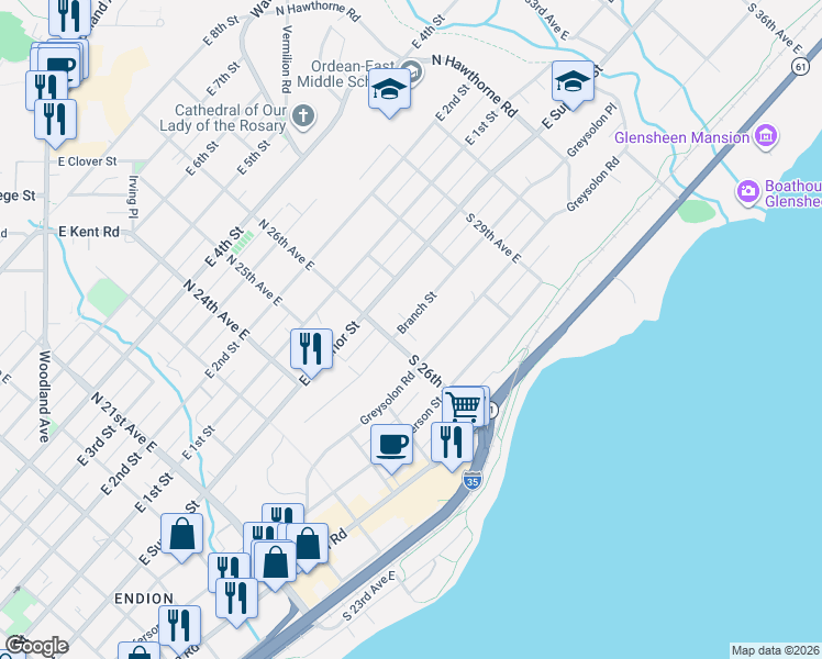 map of restaurants, bars, coffee shops, grocery stores, and more near 2631 Branch Street in Duluth