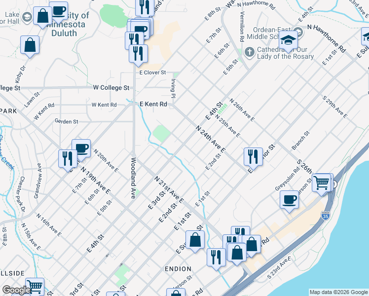map of restaurants, bars, coffee shops, grocery stores, and more near 2302 East 5th Street in Duluth