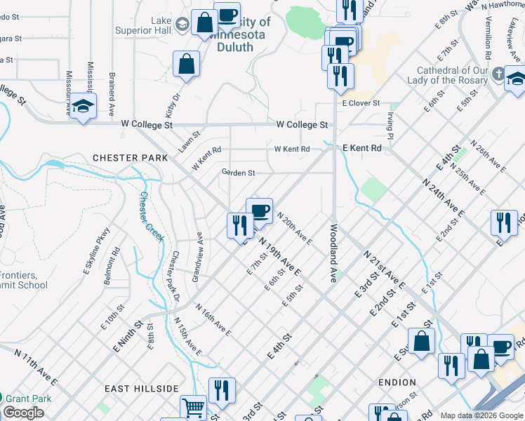 map of restaurants, bars, coffee shops, grocery stores, and more near 2015 East 8th Street in Duluth