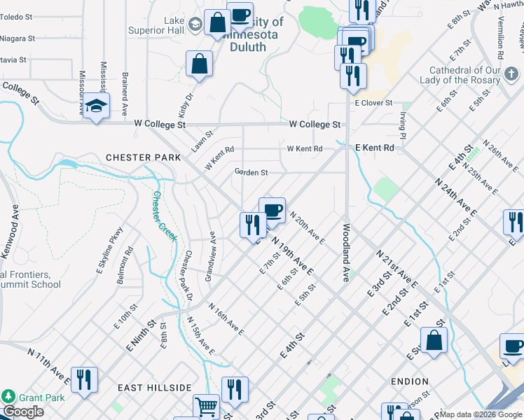 map of restaurants, bars, coffee shops, grocery stores, and more near 1927 East 9th Street in Duluth