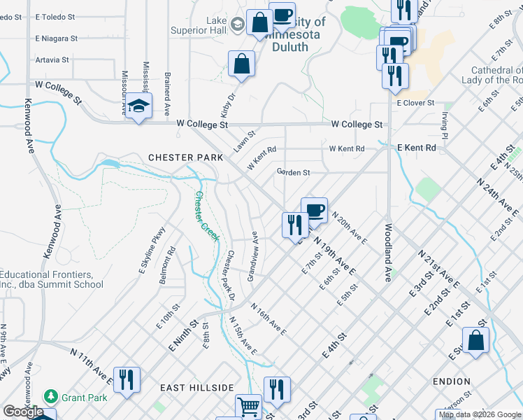 map of restaurants, bars, coffee shops, grocery stores, and more near 1015 North 19th Avenue East in Duluth