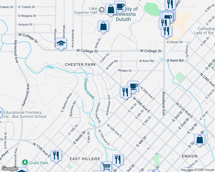 map of restaurants, bars, coffee shops, grocery stores, and more near 1015 North 19th Avenue East in Duluth