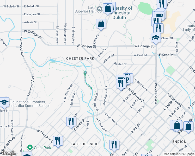 map of restaurants, bars, coffee shops, grocery stores, and more near 1052 Chester Park Drive in Duluth