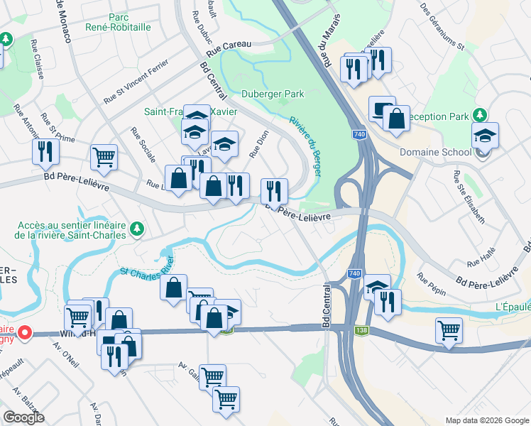 map of restaurants, bars, coffee shops, grocery stores, and more near 2463 Rue de la Rivière-du-Berger in Québec