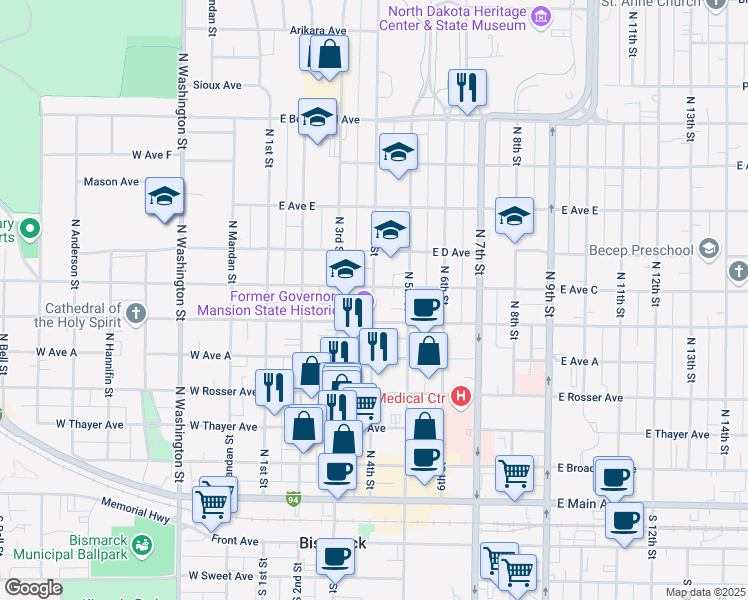 map of restaurants, bars, coffee shops, grocery stores, and more near 620 North 4th Street in Bismarck