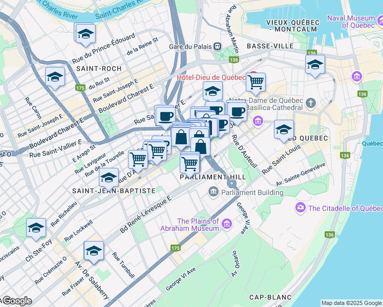 map of restaurants, bars, coffee shops, grocery stores, and more near 860 Rue Saint Joachim in Quebec