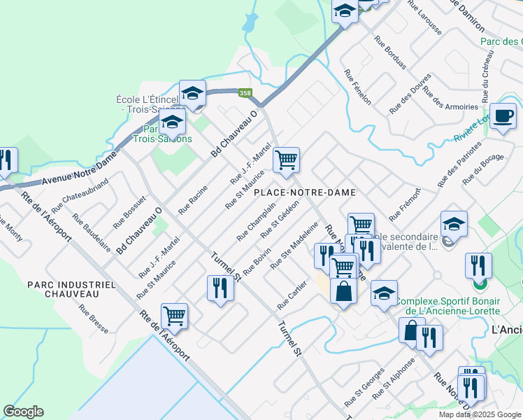 map of restaurants, bars, coffee shops, grocery stores, and more near 1420 Rue Champlain in L'Ancienne-Lorette