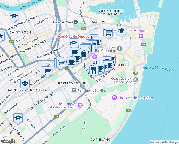 map of restaurants, bars, coffee shops, grocery stores, and more near 51 Rue D'Auteuil in Québec