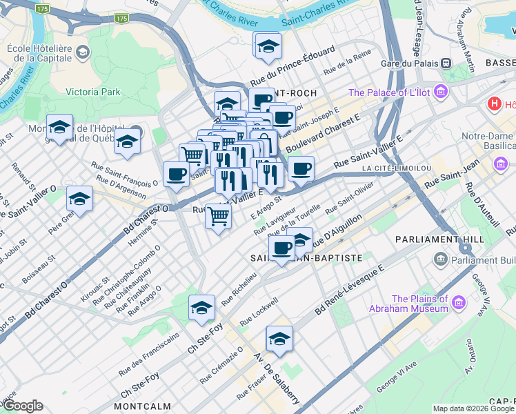 map of restaurants, bars, coffee shops, grocery stores, and more near 291 Rue Christophe Colomb Est in Québec