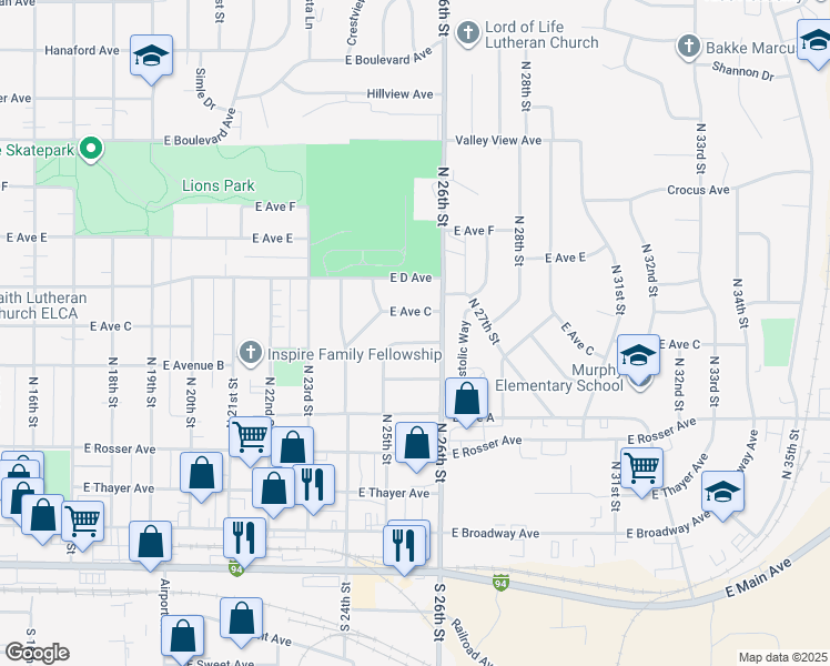 map of restaurants, bars, coffee shops, grocery stores, and more near 2500-2598 E Ave C in Bismarck