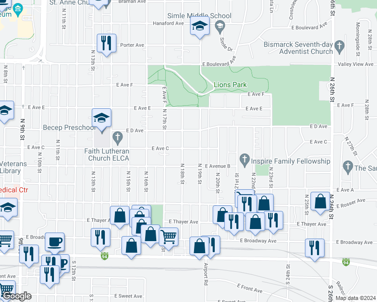 map of restaurants, bars, coffee shops, grocery stores, and more near 708 North 19th Street in Bismarck