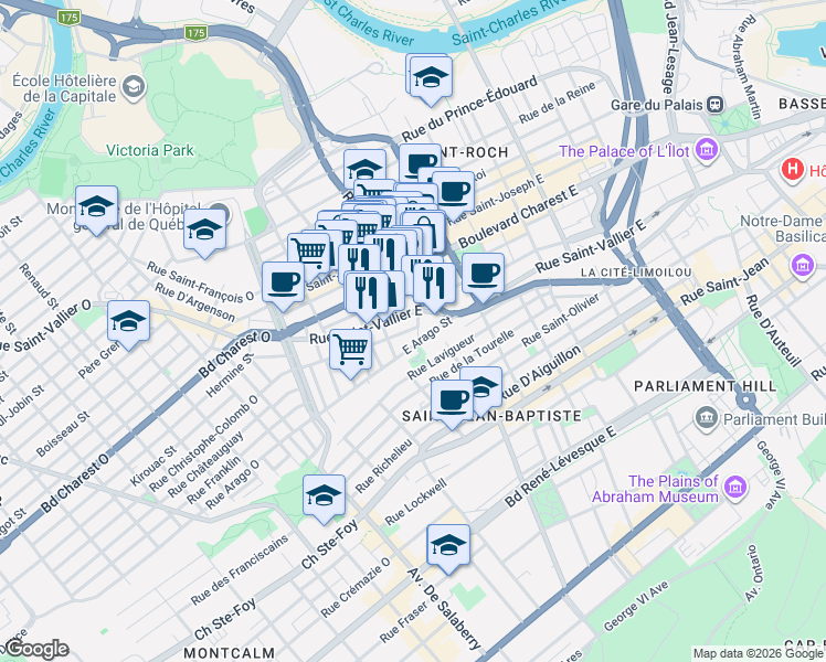 map of restaurants, bars, coffee shops, grocery stores, and more near 291 Rue Christophe Colomb Est in Québec