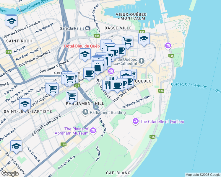 map of restaurants, bars, coffee shops, grocery stores, and more near 51 Rue D'Auteuil in Québec