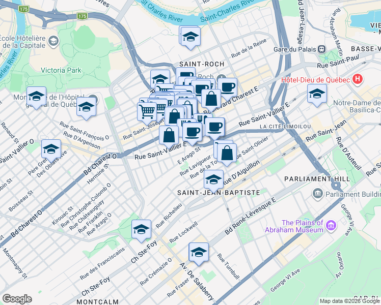 map of restaurants, bars, coffee shops, grocery stores, and more near 256 Rue Arago Est in Québec