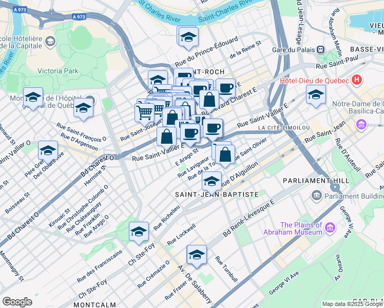 map of restaurants, bars, coffee shops, grocery stores, and more near 269 East Arago Street in Quebec