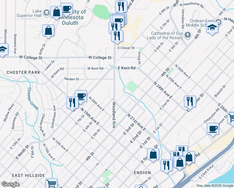 map of restaurants, bars, coffee shops, grocery stores, and more near 624 Woodland Avenue in Duluth