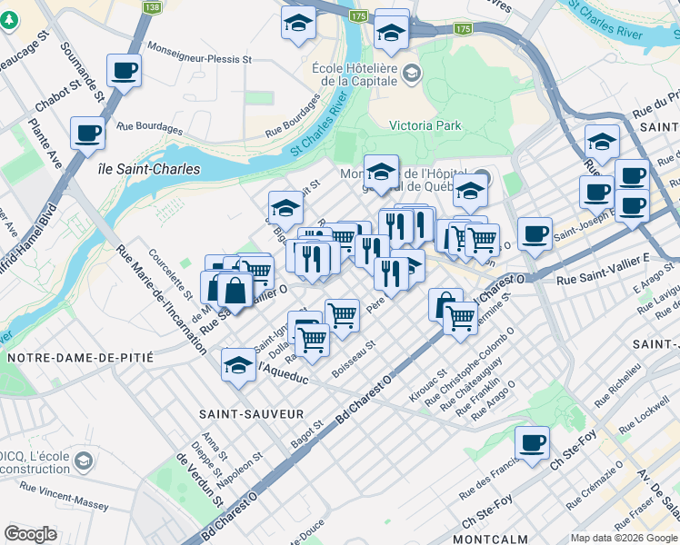 map of restaurants, bars, coffee shops, grocery stores, and more near 446 Rue Saint-Vallier Ouest in Québec