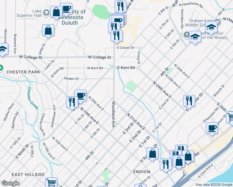 map of restaurants, bars, coffee shops, grocery stores, and more near 624 Woodland Avenue in Duluth