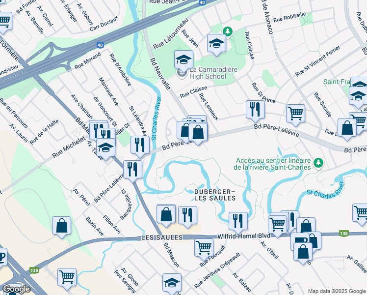 map of restaurants, bars, coffee shops, grocery stores, and more near 3245 Boulevard Père-Lelièvre in Québec
