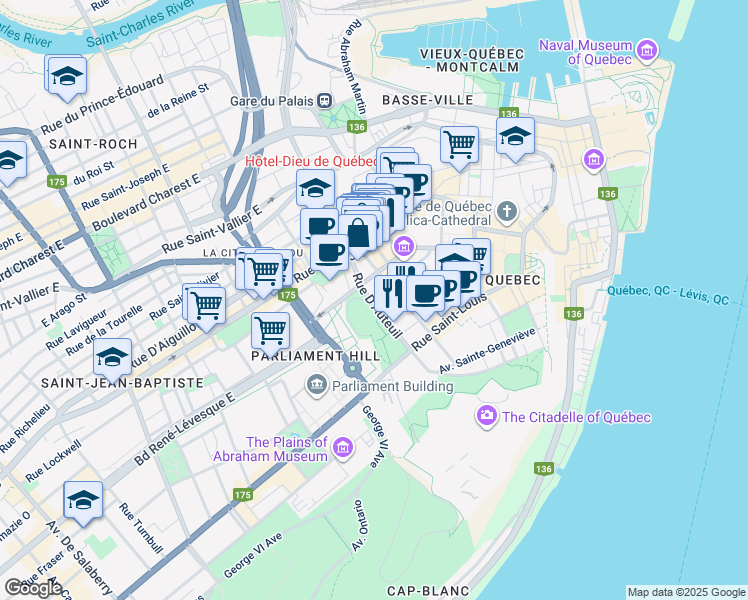 map of restaurants, bars, coffee shops, grocery stores, and more near 43 Rue D'Auteuil in Québec