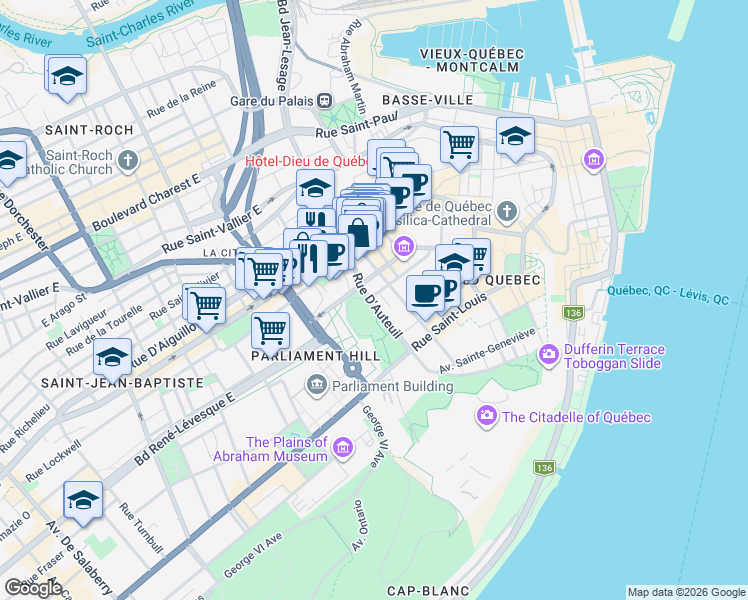 map of restaurants, bars, coffee shops, grocery stores, and more near 43 Rue d'Auteuil in Quebec