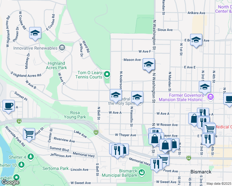 map of restaurants, bars, coffee shops, grocery stores, and more near 613 West Avenue C in Bismarck