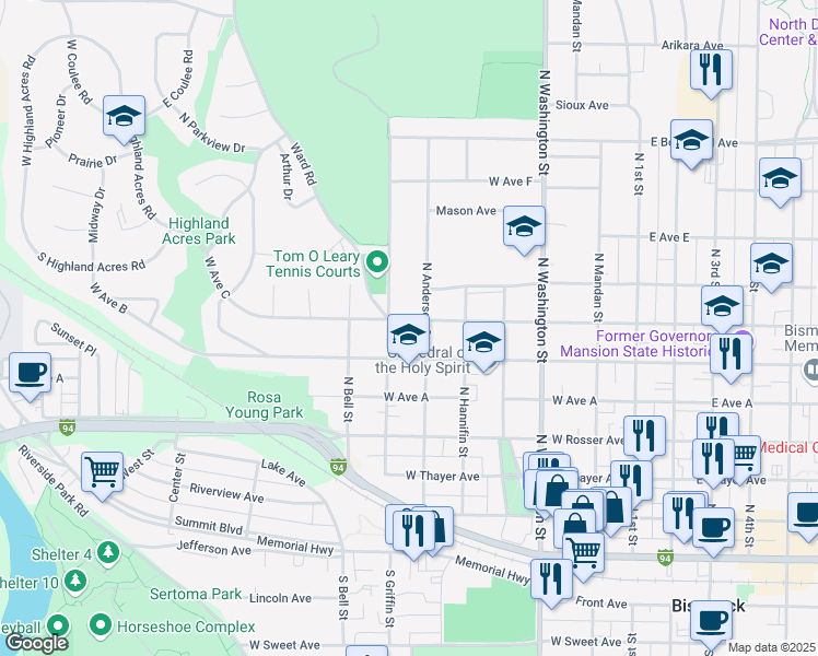 map of restaurants, bars, coffee shops, grocery stores, and more near 613 West Avenue C in Bismarck