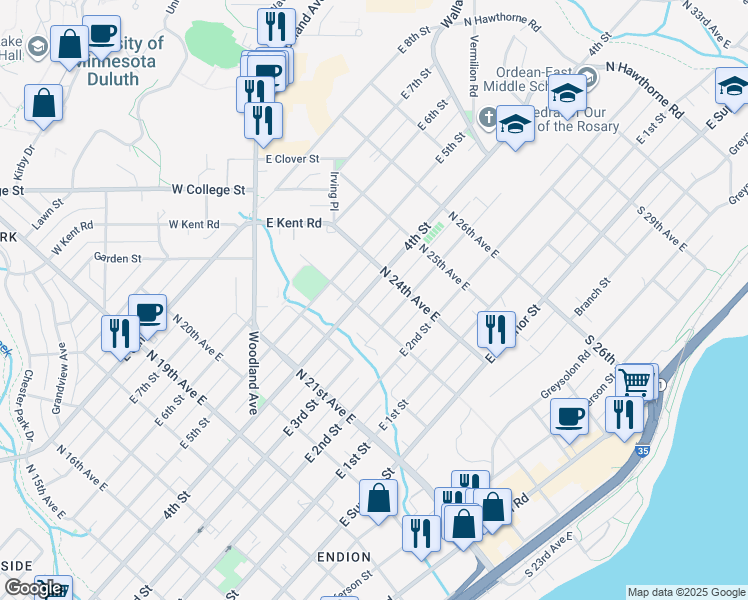 map of restaurants, bars, coffee shops, grocery stores, and more near 2310 East 4th Street in Duluth
