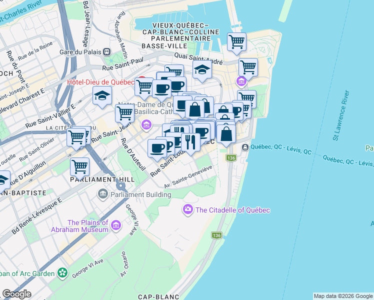 map of restaurants, bars, coffee shops, grocery stores, and more near 33 Rue Saint-Louis in Québec