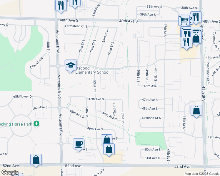 map of restaurants, bars, coffee shops, grocery stores, and more near 5160 44th Avenue South in Fargo