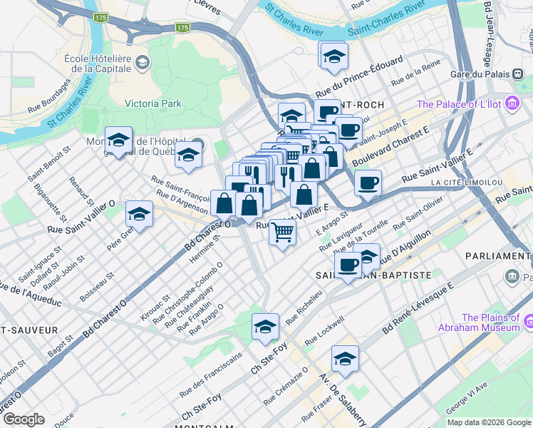 map of restaurants, bars, coffee shops, grocery stores, and more near 125 Boulevard Charest Est in Québec