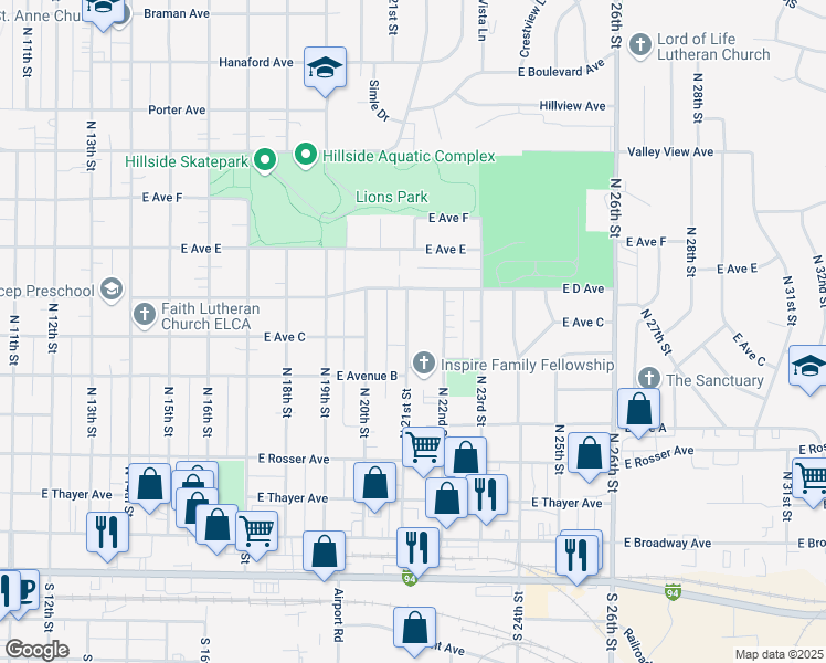 map of restaurants, bars, coffee shops, grocery stores, and more near 709 North 21st Street in Bismarck