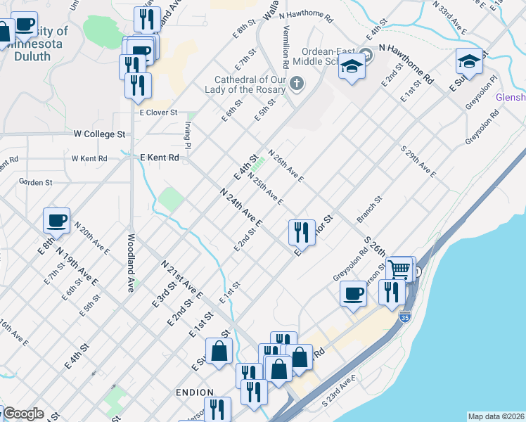 map of restaurants, bars, coffee shops, grocery stores, and more near 2423 East 2nd Street in Duluth