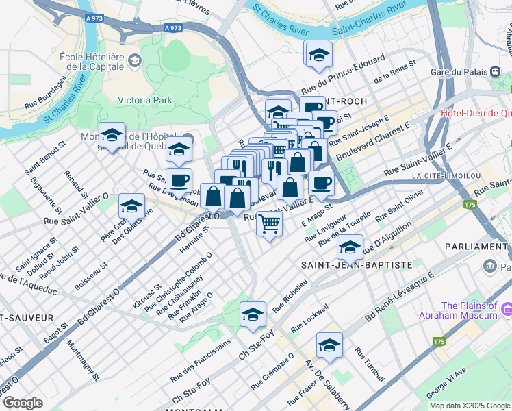 map of restaurants, bars, coffee shops, grocery stores, and more near in Québec City