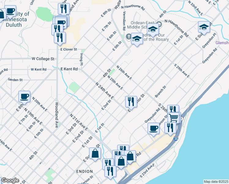 map of restaurants, bars, coffee shops, grocery stores, and more near 2423 East 2nd Street in Duluth