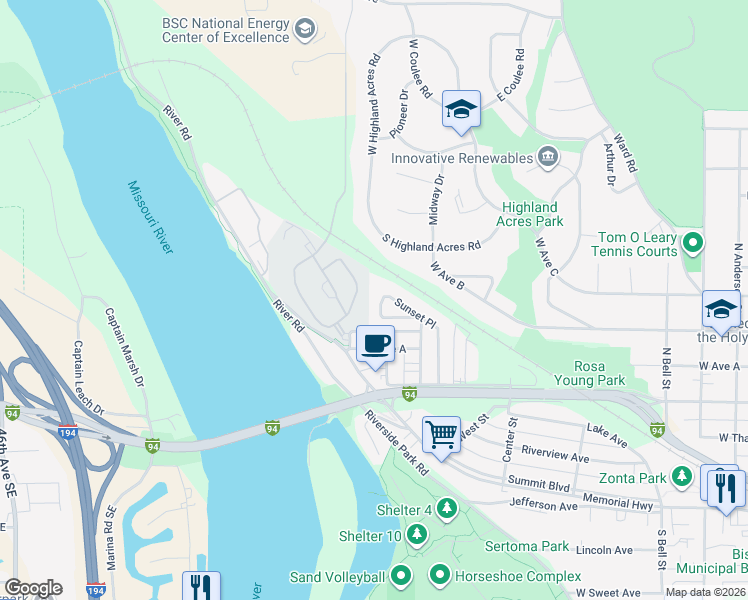 map of restaurants, bars, coffee shops, grocery stores, and more near 400 Fraine Barracks Road in Bismarck