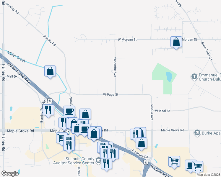 map of restaurants, bars, coffee shops, grocery stores, and more near 1516 Yosemite Avenue in Duluth