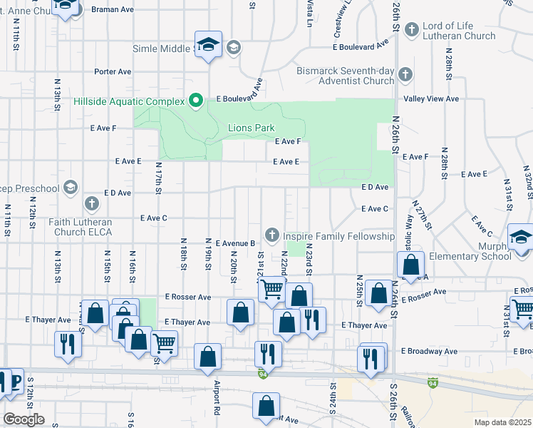 map of restaurants, bars, coffee shops, grocery stores, and more near 701 North 21st Street in Bismarck