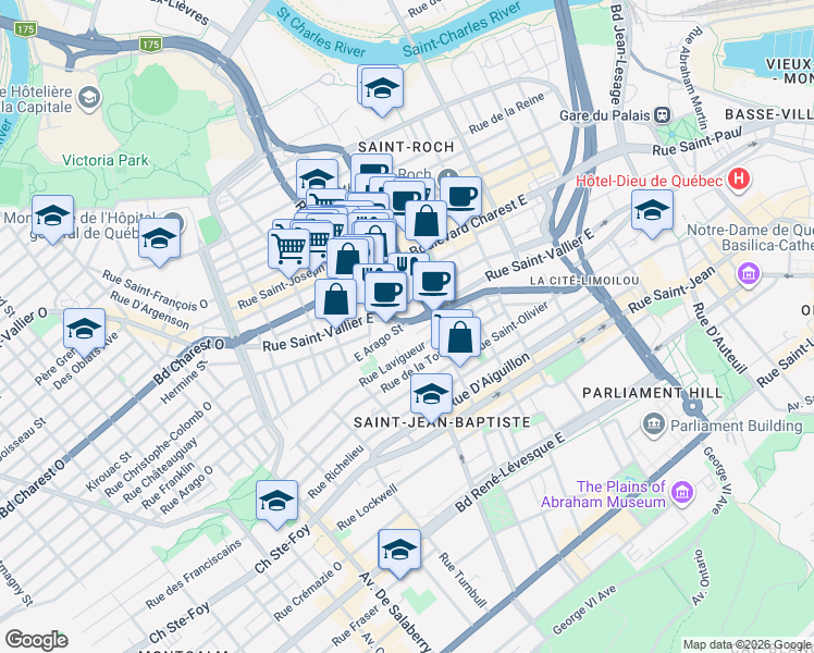 map of restaurants, bars, coffee shops, grocery stores, and more near 325 Rue Saint-Vallier Est in Québec
